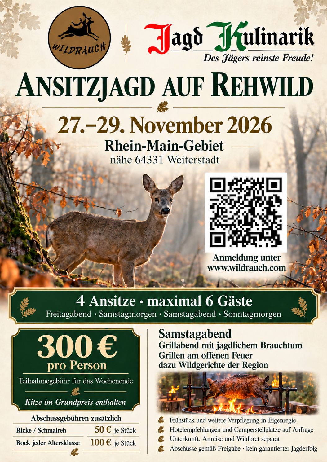 Flyer Ansitzjagd auf Rehwild vom 27. bis 29. November 2026 mit Programm und Preisen